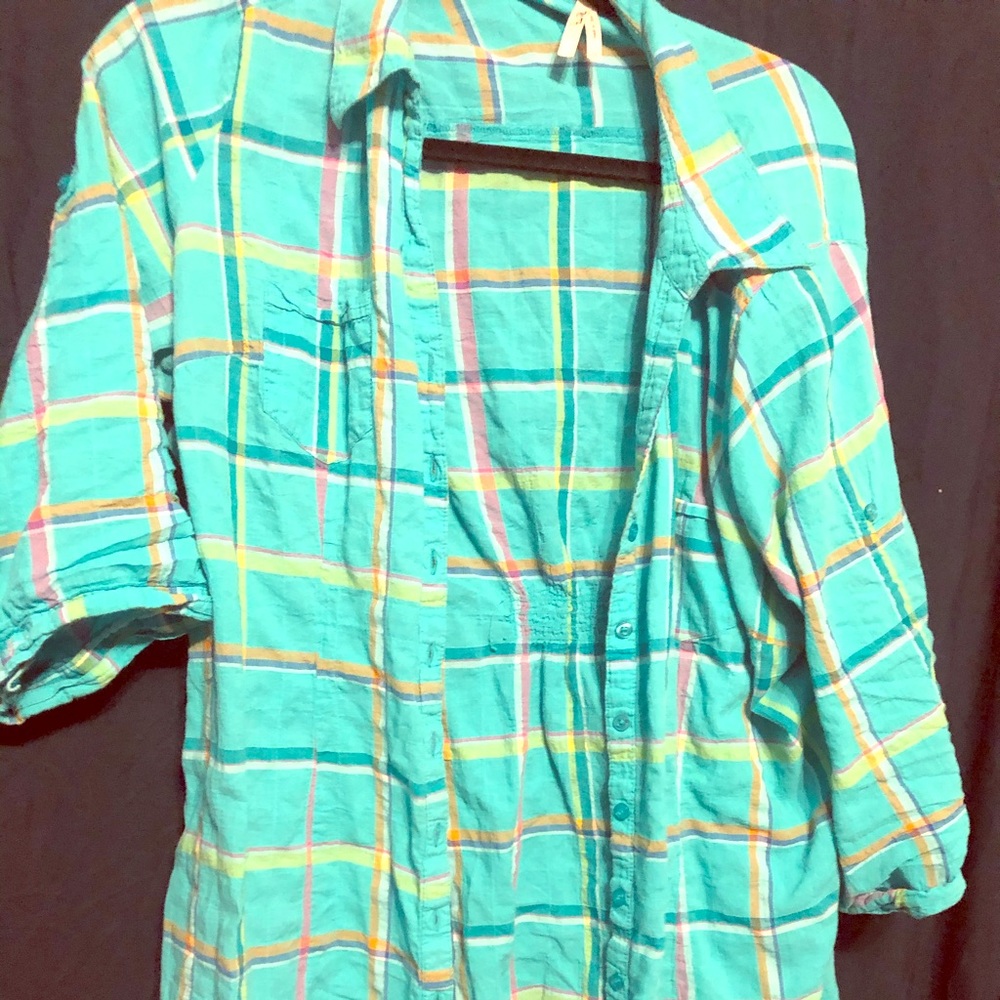 3/4 Sleeve Teal Plaid Shirt